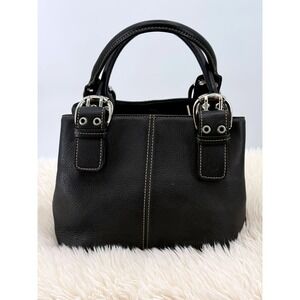 Tignanello Black Pebbled Leather Satchel Bag Silver Buckle Accent Trendy 90s Y2K